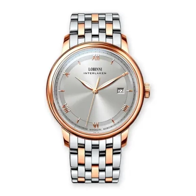 Часы наручные механические с автоподзаводом ПРЕМИУМ LOBINNI на металлическом браслете, золотистый/серебристо-золотистый W9660-01