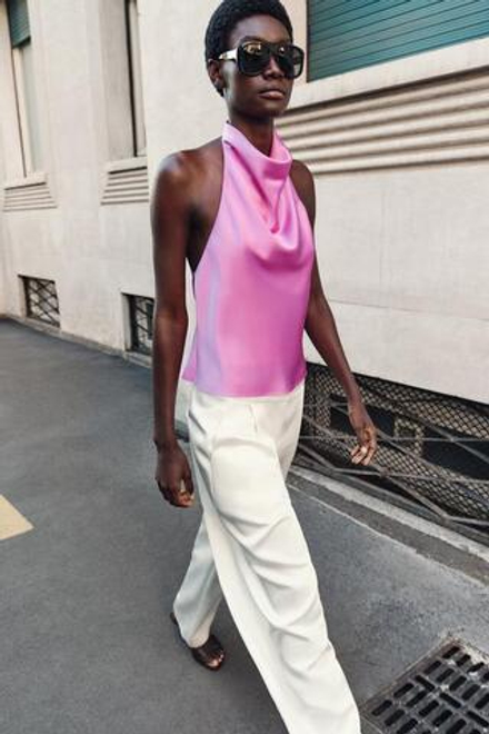 ZARA АТЛАСНЫЙ ТОП С ГОРЛОВИНОЙ ХАЛТЕР, РОЗОВЫЙ/ЛИЛОВЫЙ