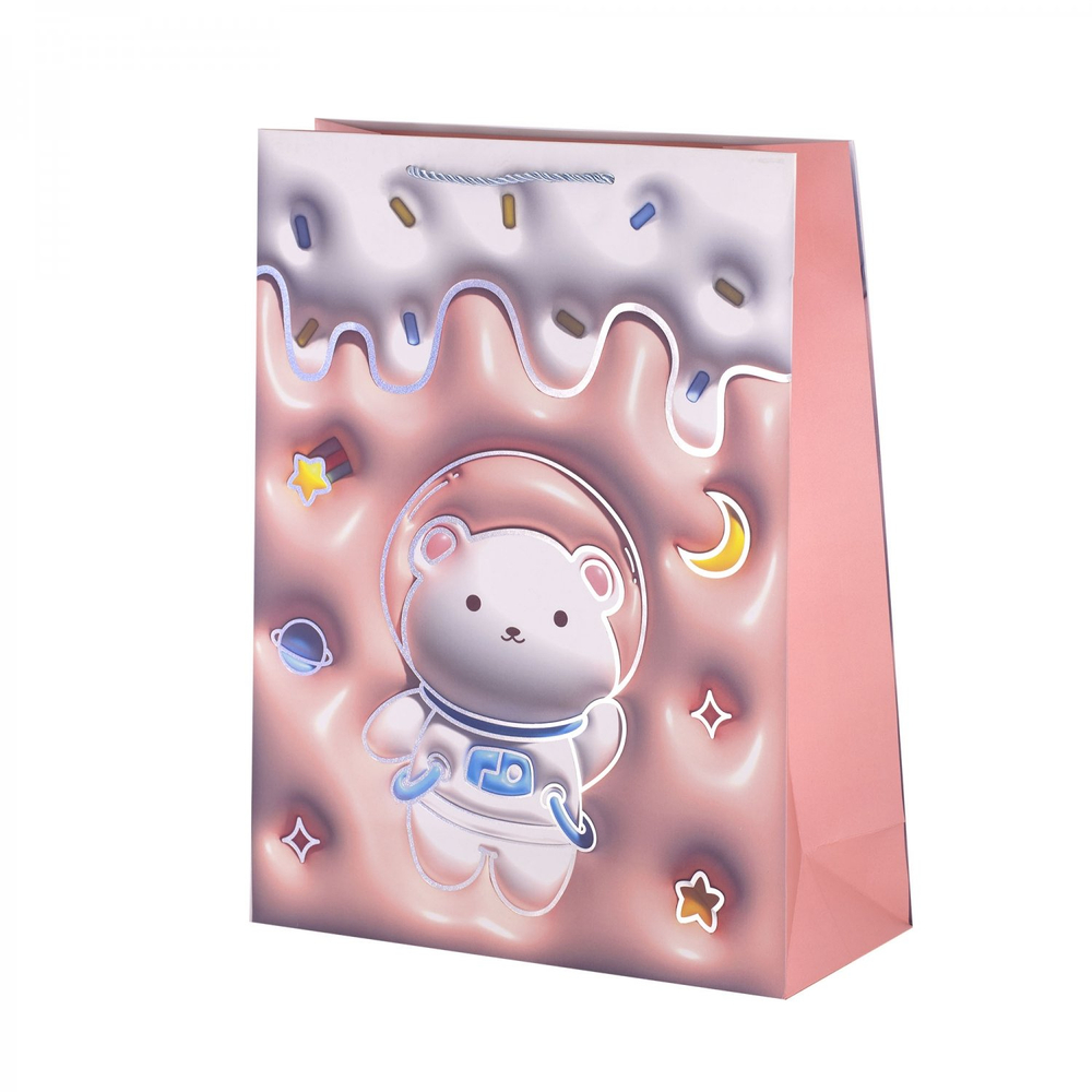 Пакет подарочный бумажный Alingar, (L+) 26х32х10 см, вертикальный, "Милые мишки", матов. ламинация, тиснение голография, эффект 3D, ассорти