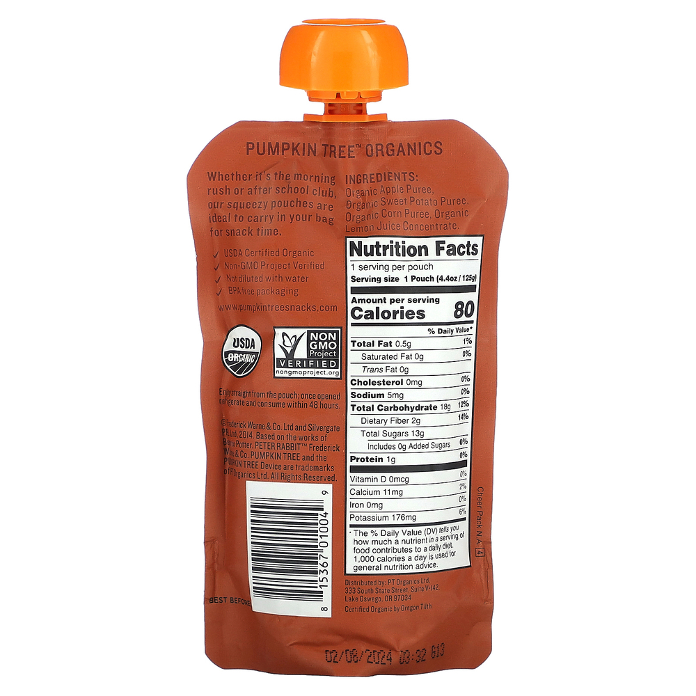 Pumpkin Tree Organics, Peter Rabbit Organics, органическое фруктовое и овощное пюре, яблоко, батат и кукуруза, 125 г (4,4 унции)