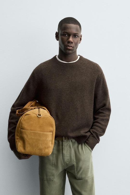 ZARA СВИТЕР КЛАССИЧЕСКОГО КРОЯ ИЗ СМЕСОВОЙ ШЕРСТИ, КОРИЧНЕВЫЙ МЕЛАНЖ