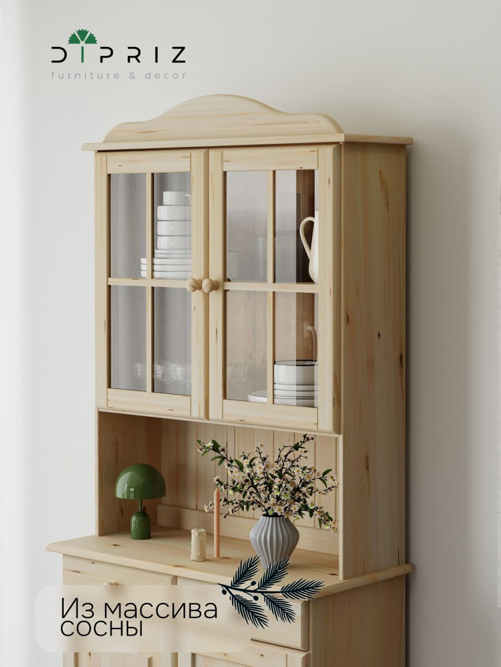 Шкаф Лена двухдверный из сосны, с регулируемыми полками (верхняя часть буфета Лена), в натуральной отделке