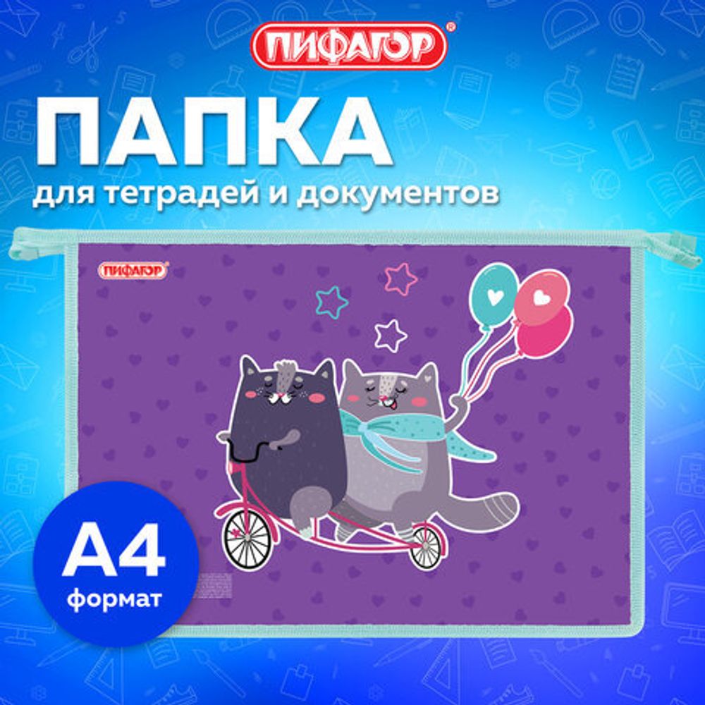 Папка для тетрадей ПИФАГОР А4, 1 отделение, картон/пластик, на молнии, "Bike cats", 272125