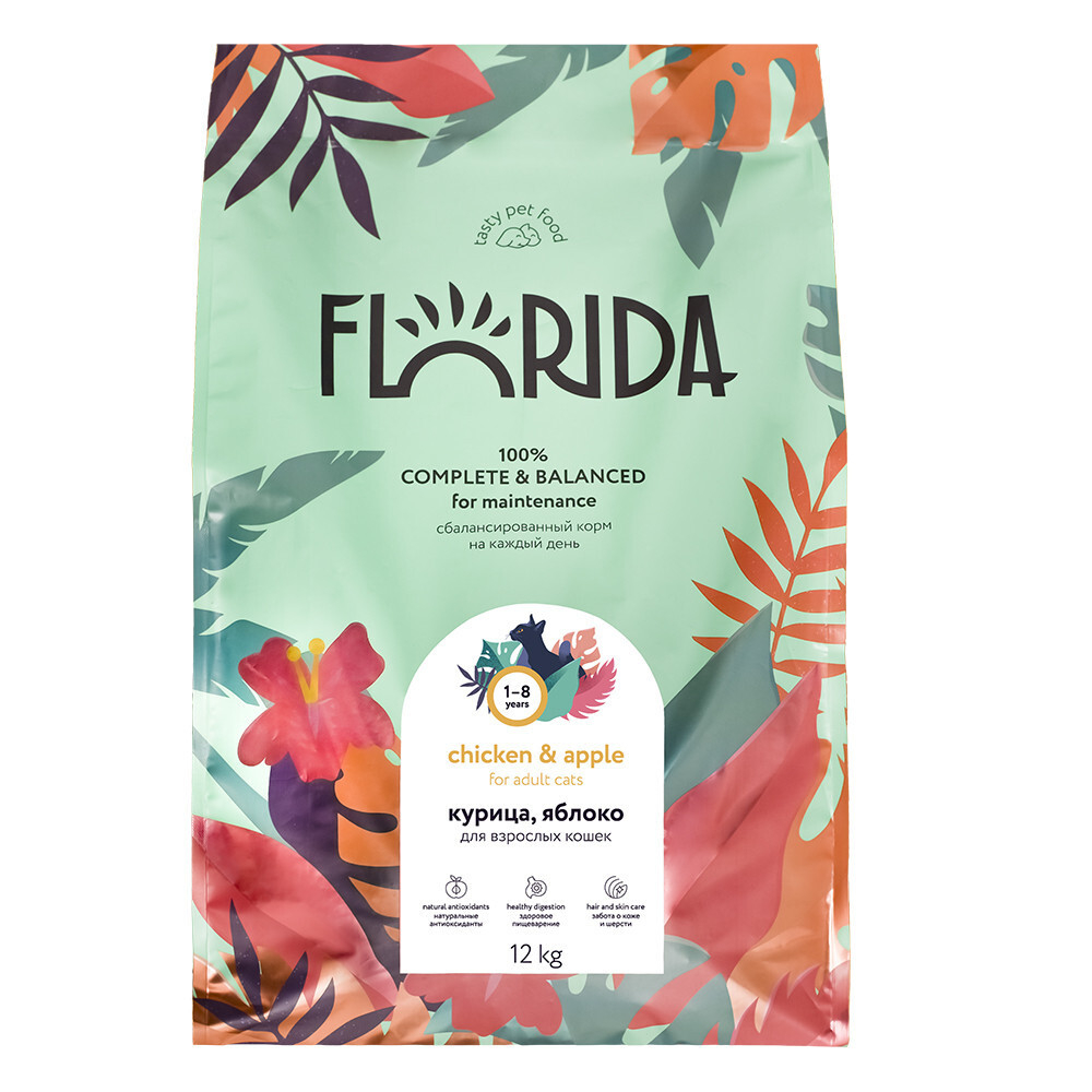 FLORIDA корм для взрослых кошек с курицей и яблоком 12 кг. х 1 шт.