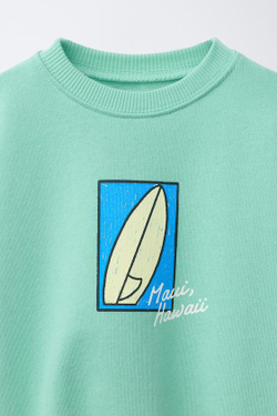 ZARA ТОЛСТОВКА С ПРИНТОМ «СЕРФИНГ», ЛИНЯЛЫЙ ЗЕЛЕНЫЙ