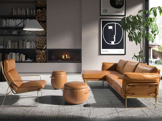 Пятиместный диван Angel Cerda 6231 с левым шезлонгом из кожи цвета Camel