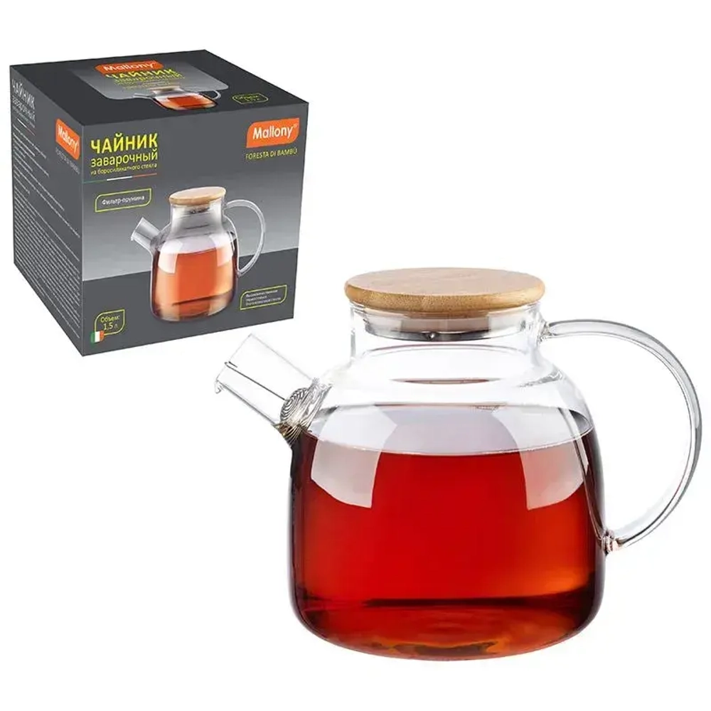 Чайник заварочный Foresta di bambu, объем 1,5 л, из боросиликатного стекла с крышкой из ба