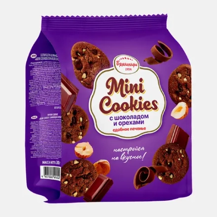 Печенье сдобное Mini Cookies шоколадное с орехом Брянконфи 200г