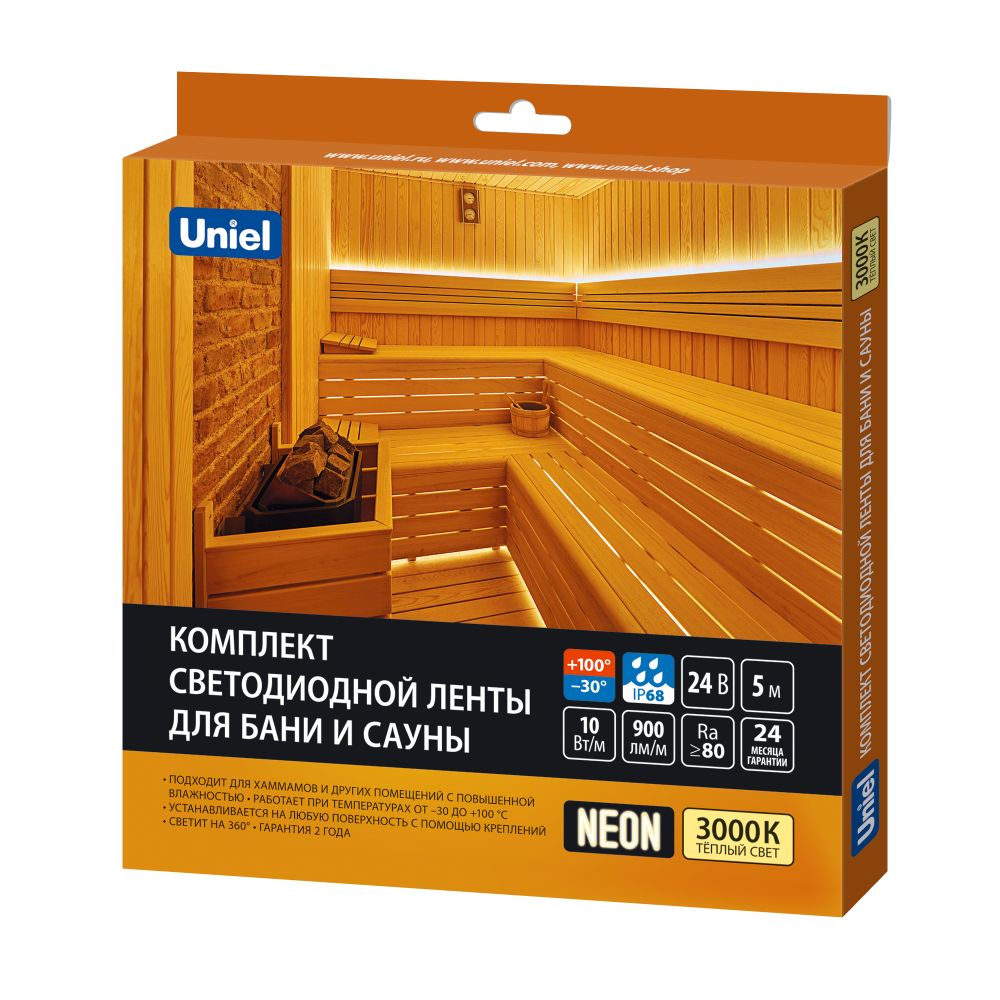 ULS-N40-2835-120LED-m-16mm-IP68-DC24V-10W-m-5M-3000K NEON SET01 Комплект светодиодной ленты для бань и саун. до +100С. катушка 5м. Теплый белый свет 3000К. Крепление в-к. TM Uniel