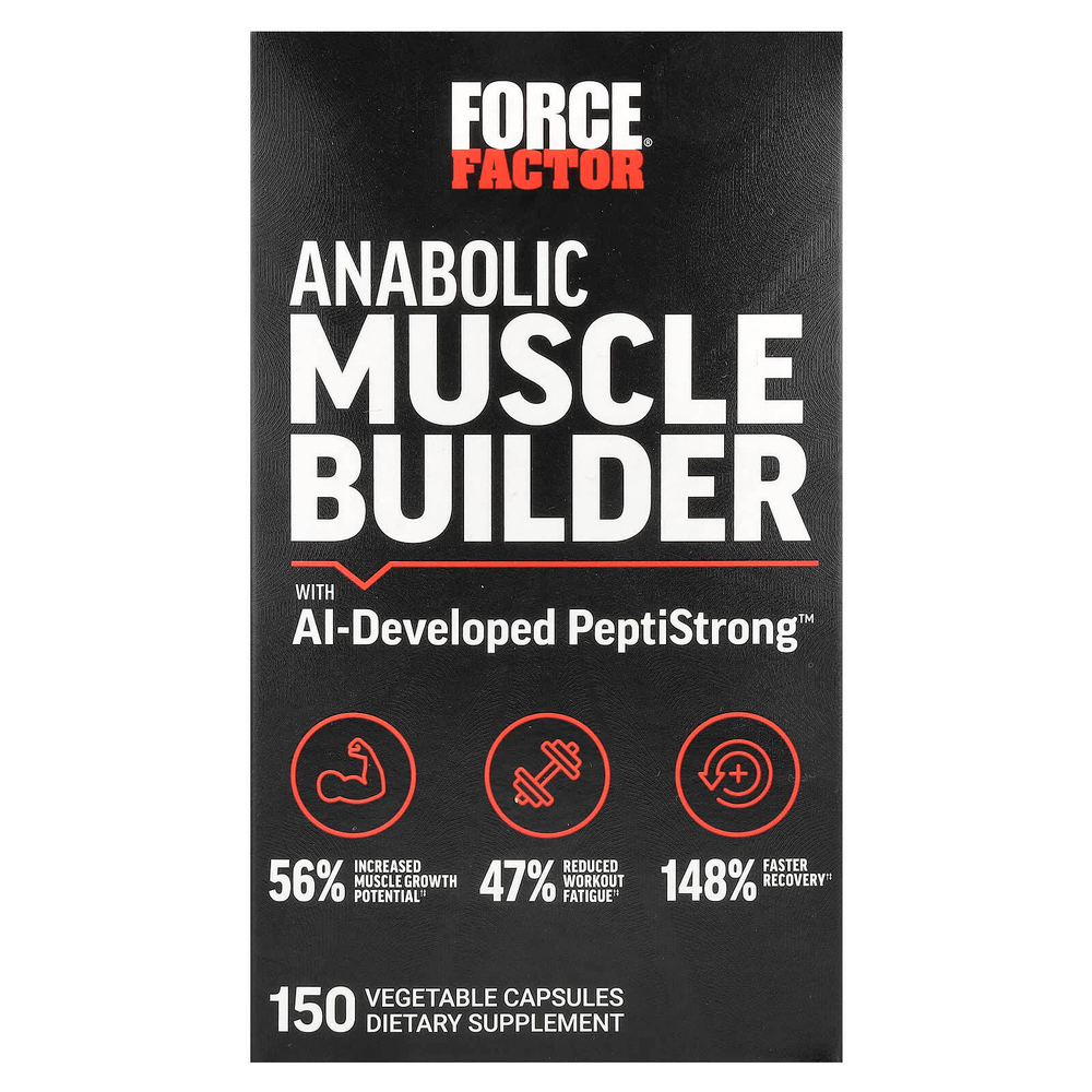 Force Factor, средство для наращивания мышечной массы с разработанным искусственным интеллектом PeptiStrong, 150 растительных капсул