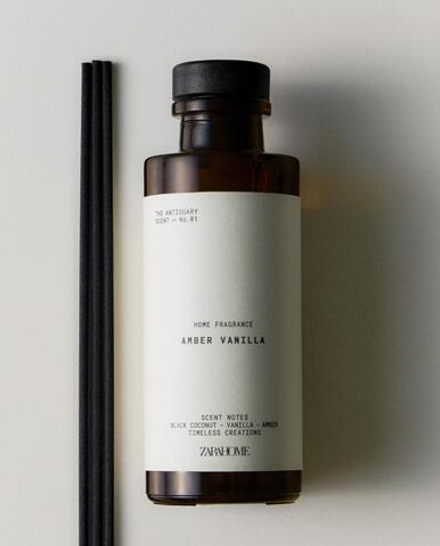 Zara Home Аромадиффузор Amber Vanilla 120 мл, тростниковые палочки микадо, аромат восточный древесный, Коричневый