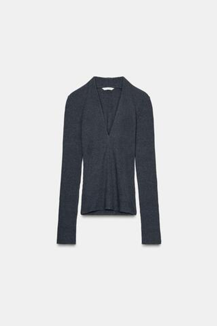 ZARA ТОП В РУБЧИК С V-ОБРАЗНЫМ ВЫРЕЗОМ, УГОЛЬНЫЙ