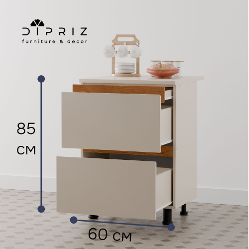 Кухонный модуль напольный 60 см Виго с 3-мя ящиками со столешницей, с дубовыми панелями, на ножках / персидский жемчуг, массив дуба