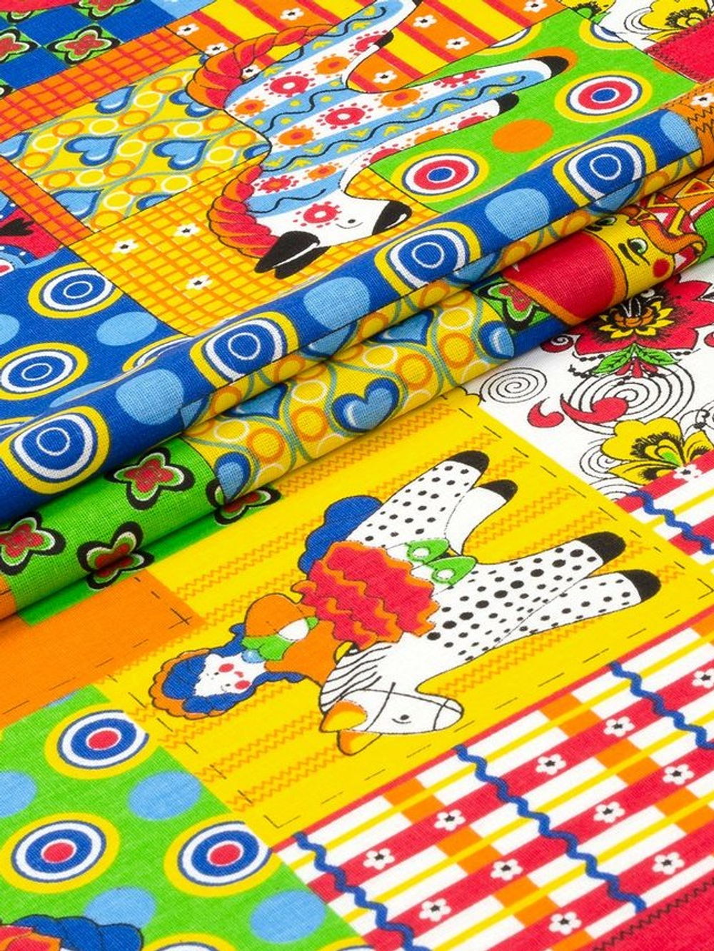 Ткань бязь плательная, рис. "Дымковская игрушка", ширина 150 см, арт. 105