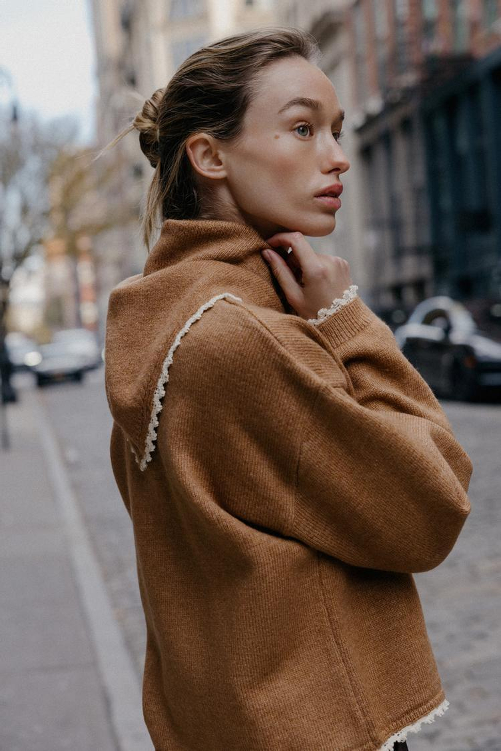 ZARA ДЖЕМПЕР С БАНДАНОЙ И КРУЖЕВОМ, МЯГКИЙ КАШТАНОВЫЙ