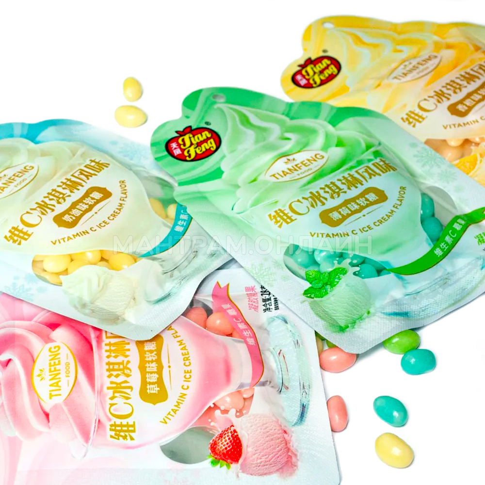 Жевательные конфеты Jian Feng Tianfeng Vitamin C Ice Cream Flavor в глазури вкус сливочного мороженого 28 г