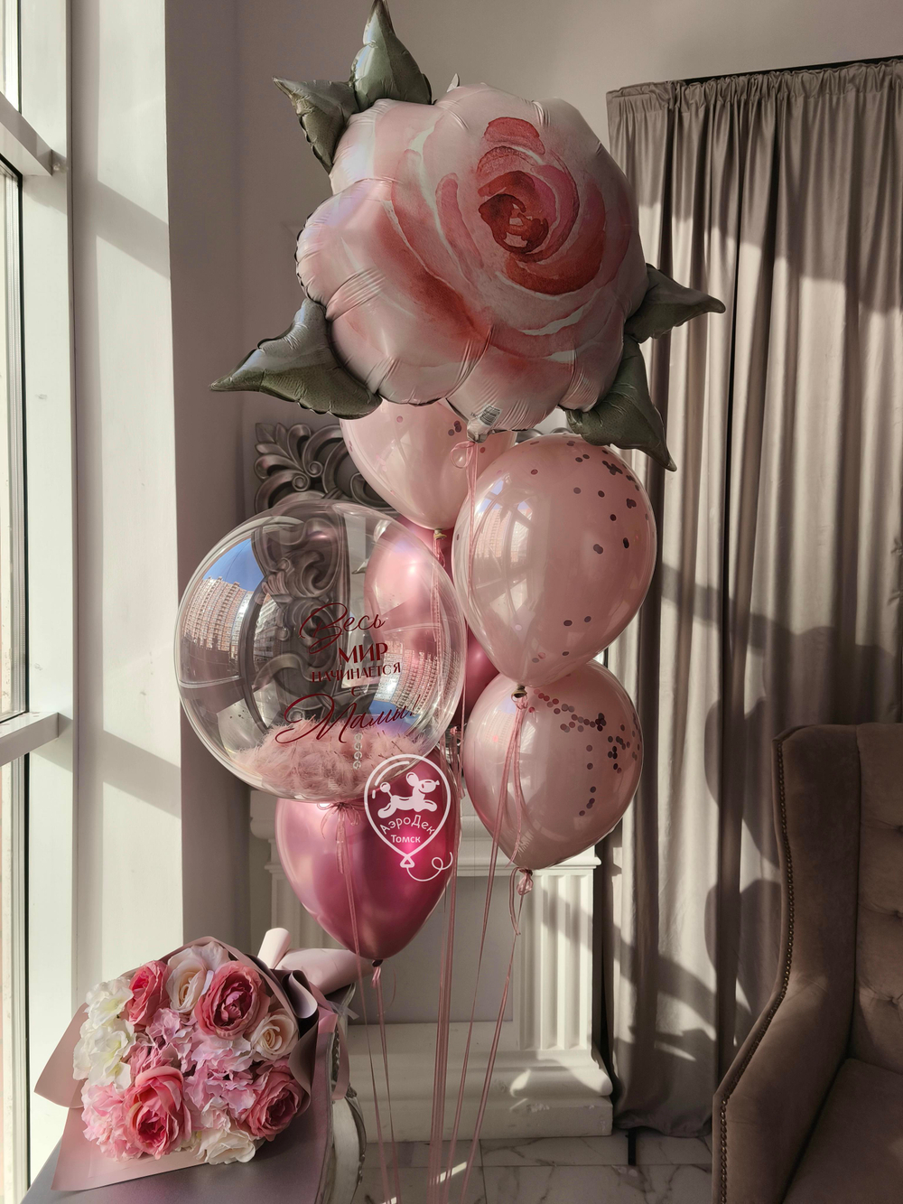 Шары для МАМЫ букет с розой 001