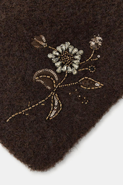 ZARA ТРИКОТАЖНАЯ БАНДАНА С ЦВЕТОЧНЫМ УЗОРОМ И БУСИНАМИ, КОРИЧНЕВЫЙ