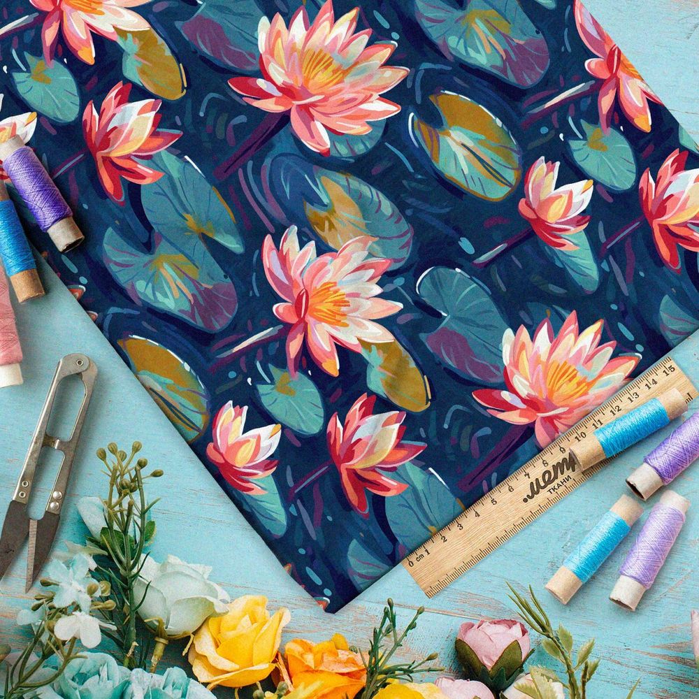 Ткань премиум флис кувшинки на пруду