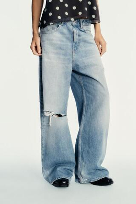 ZARA ДЖИНСЫ TRF BAGGY С РАЗРЕЗАМИ И СРЕДНЕЙ ПОСАДКОЙ, ГОЛУБОЙ