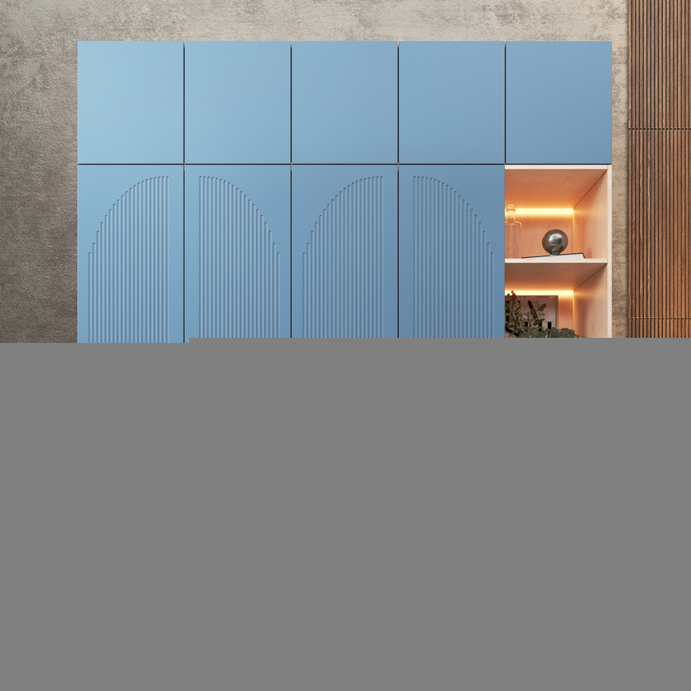 Шкаф Агератум МДФ четырехсекционный с антресолью и стеллажом в синей эмали - Дуб молочный 8622  210*50*260