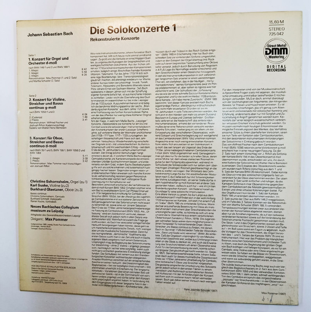 Винтажная виниловая пластинка Bach Бах Neues Bachisches Collegium Musicum Zu Leipzig, Max Pommer, Burkhard Glaetzner, Karl Suske, Christine Schornsheim (GDR 1987)
