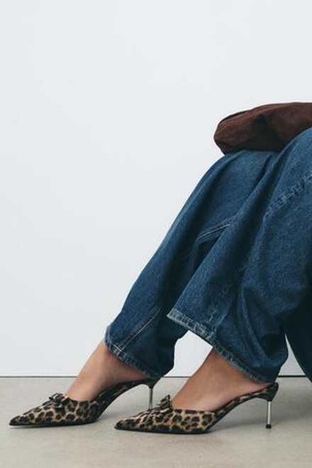 ZARA ТУФЛИ-МЮЛИ С АНИМАЛИСТИЧЕСКИМ УЗОРОМ И БАНТОМ, ЛЕОПАРДОВЫЙ