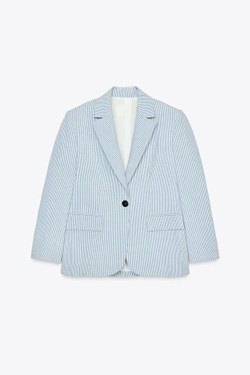 ZARA БЛЕЙЗЕР В ПОЛОСКУ С ПОДПЛЕЧНИКАМИ, ЭКРЮ/СИНИЙ