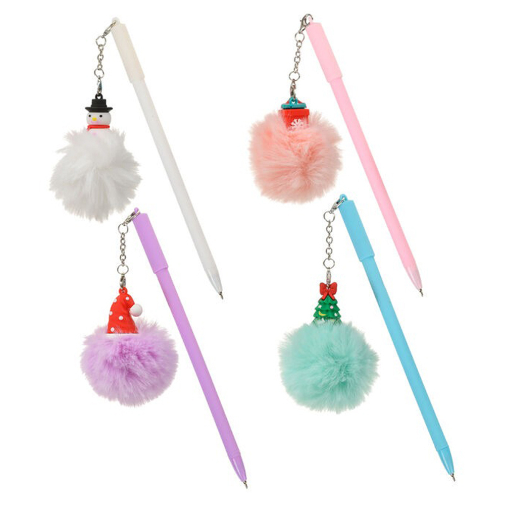 Ручка шариковая, масляная, Basir, синие чернила, серия "Новый год", с пушистым брелоком, 24 шт