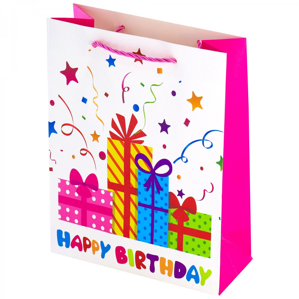 Пакет подарочный бумажный Alingar, (XL) 31х40х12 см, "Happy birthday", ламинация, (4 дизайна в коробе)