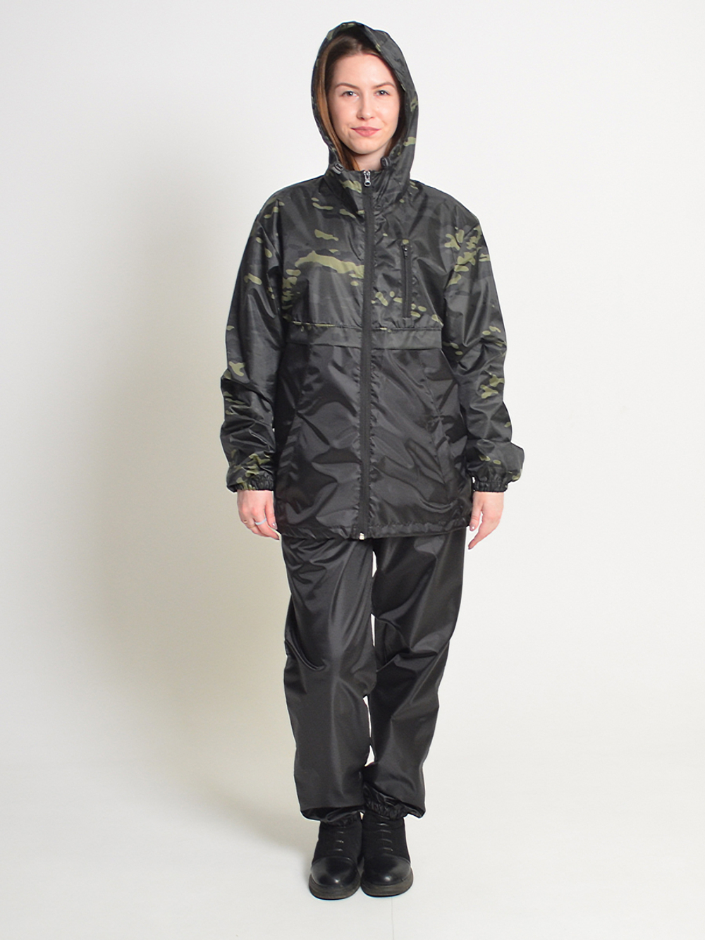 Спортивный костюм Prival Ветровлагозащитный женский, чёрный+кмф K4