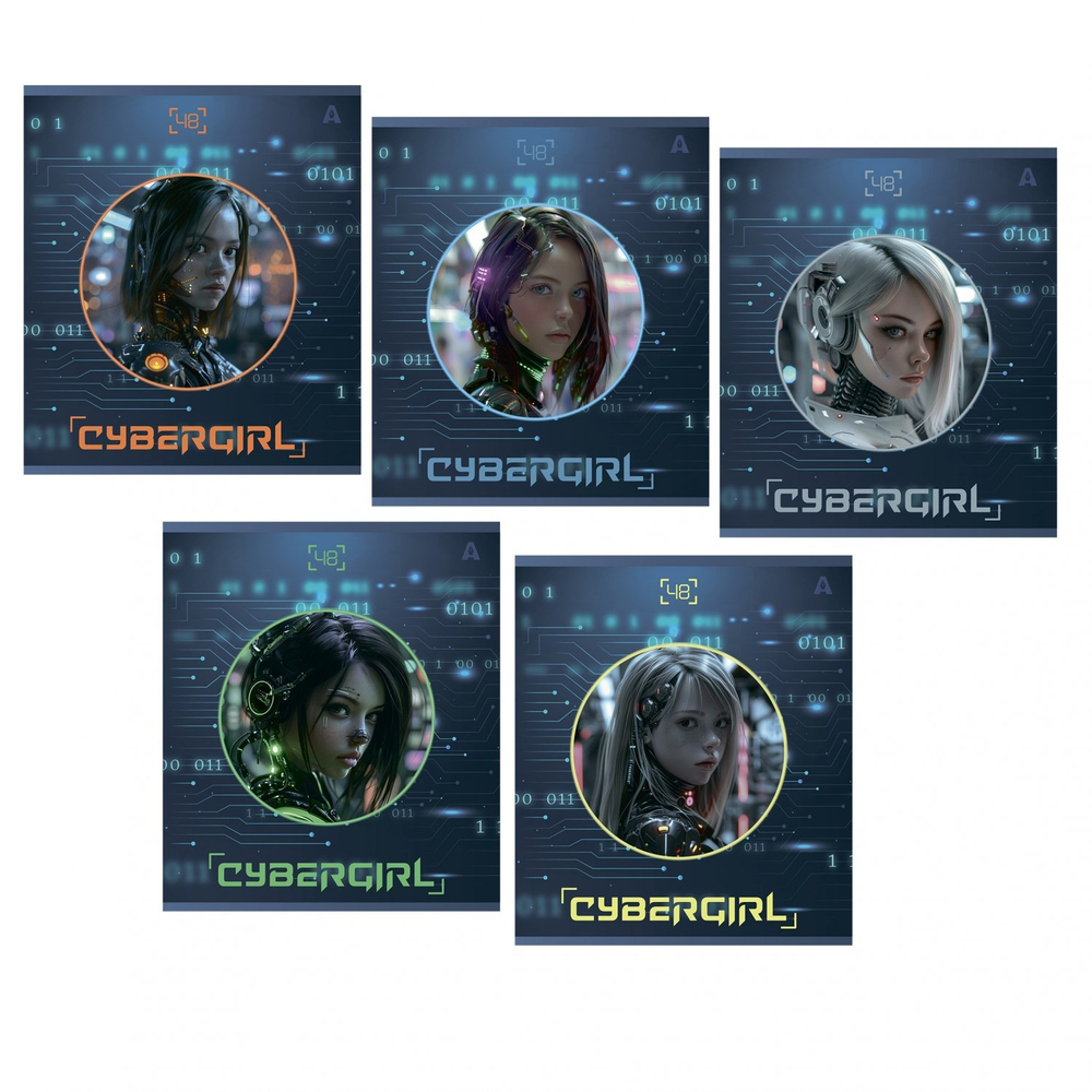 Тетрадь 48л, А5, клетка, Alingar, "Cibergirl" , скрепка,мелованный картон (стандарт), выб УФ лак, блок офсет, 5 дизайнов в пленке т/у
