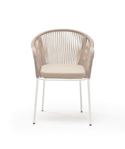 "Лион" стул плетеный из роупа, каркас из стали белый муар, роуп бежевый круглый, ткань бежевая