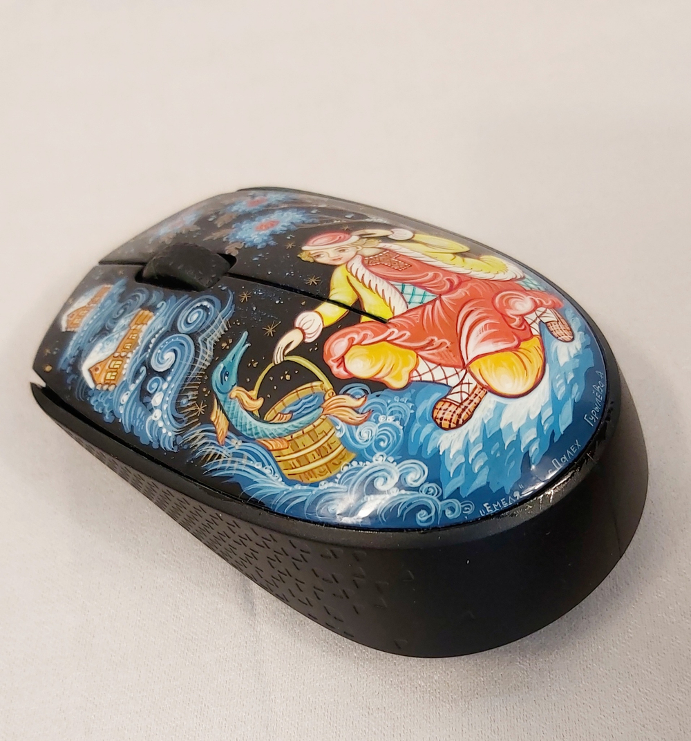 Мышь беспроводная, с ручной росписью Палех "По-щучьему веленью" N6
