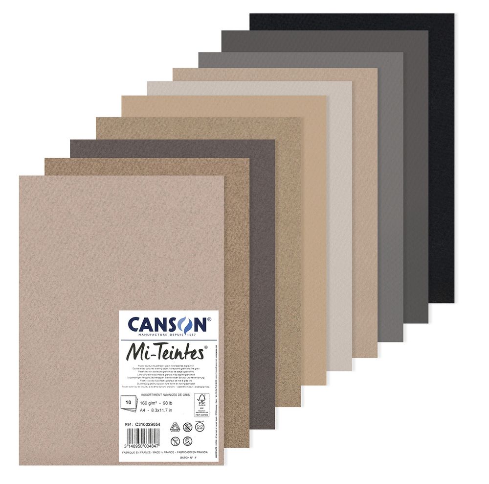 Бумага для пастели Mi-Teintes 160 г/м², A4 21х29.7 см, 10 л, Оттенки серого, Canson, C31032S054