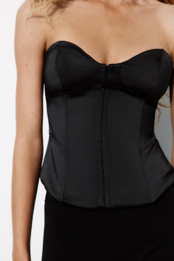 ZARA АТЛАСНЫЙ ТОП-КОРСЕТ БЕЗ БРЕТЕЛЕЙ, ЧЕРНЫЙ