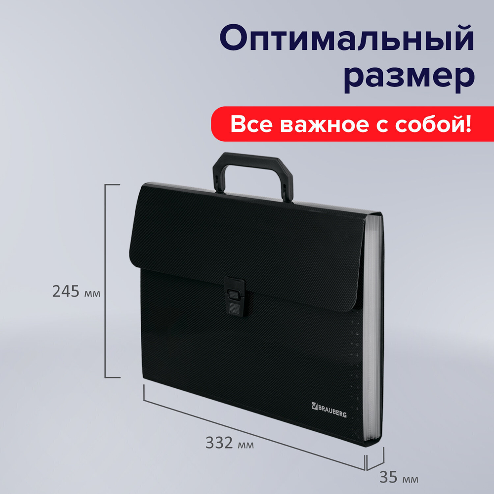Папка-портфель пластиковая BRAUBERG А4 (332х245х35 мм) 13 отделений фактура диагональ черная (3 штуки в упаковке)