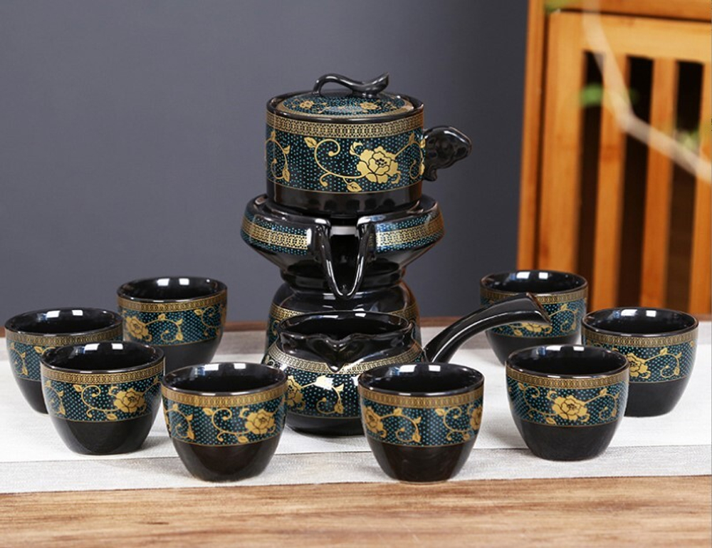 266090 Сервиз ВОДЯНАЯ МЕЛЬНИЦА"Черное золото"гайвань 200мл+жернова+сливник+8п,подар.кор.глянц.фарфор