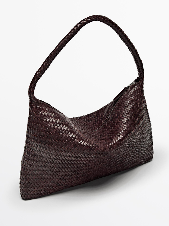 Massimo Dutti Плетеная сумка из кожи наппа с плечевым ремнем, бордо