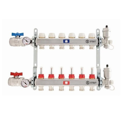 Коллекторная группа в сборе STOUT - 1" на 11 контуров 3/4" (нерж.сталь, с расходомерами)