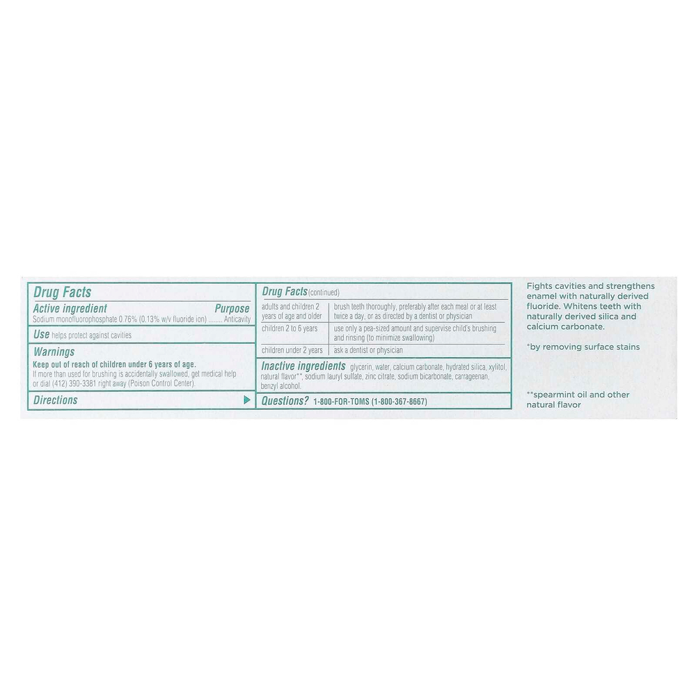 Tom's of Maine, Whole Care®, Natural Anticavity Toothpaste with Fluoride, Spearmint, 4 oz (113 g)