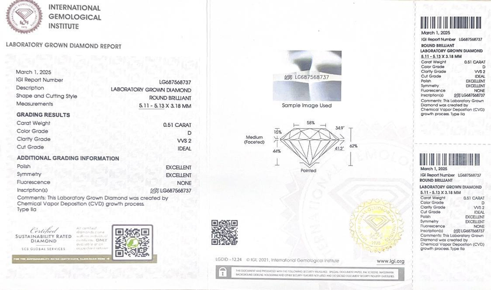 Лабораторно-выращенный бриллиант Кр-57 5.11-5.13 мм D/VVS2 0.51 ct