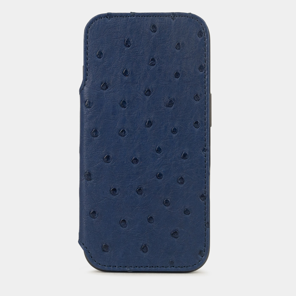 Чехол-книжка кожаная для iPhone 17 Pro, страус синего цвета