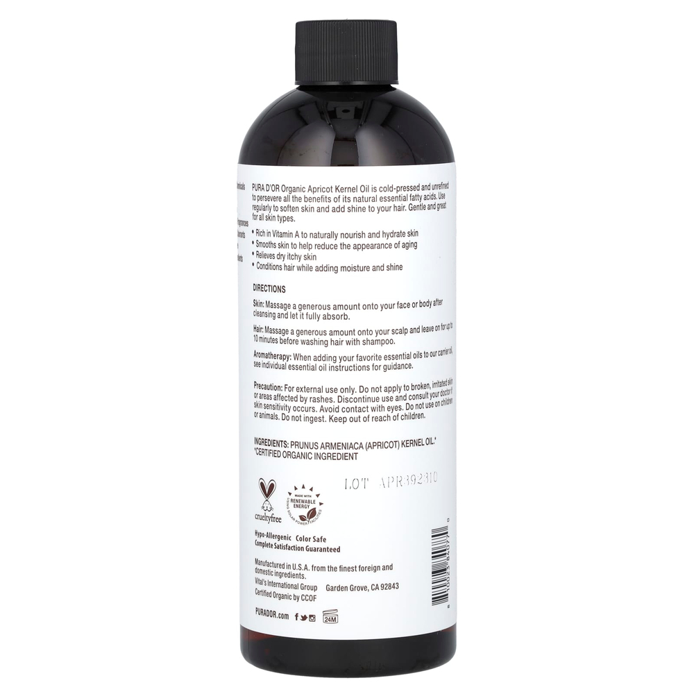 Pura D'or, органическое абрикосовое масло, 473 мл (16 жидк. унций)