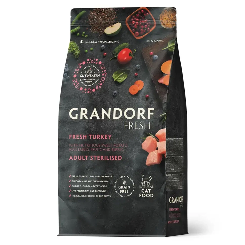 Grandorf fresh cat sterilised turkey&sweet potato сухой беззерновой корм с живыми пробиотиками для взрослых стерилизованных кошек с индейкой и бататом - 2 кг