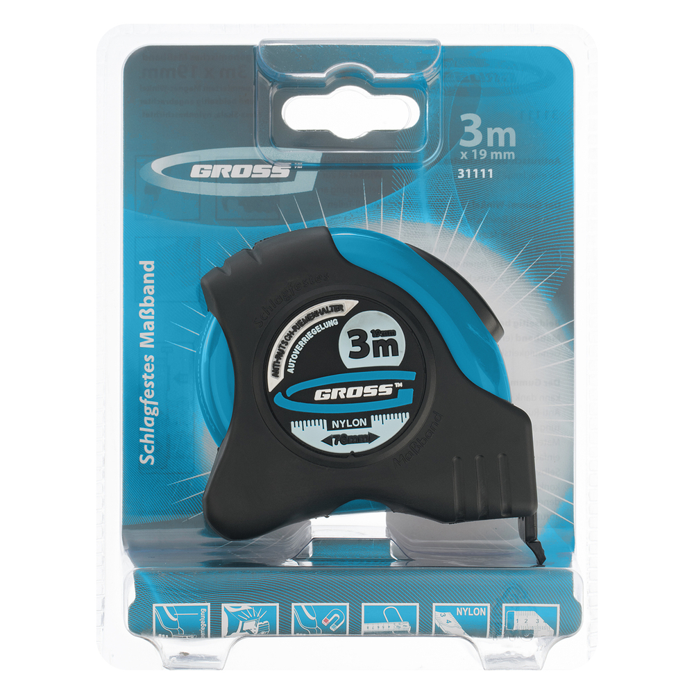 Рулетка "Schlagfest",3 м x 19 мм,магнитный обрезиненный зацеп,двусторонняя шкала,Нейлоновое покрытие,автоматическая фиксация Gross