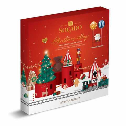 Ассорти пралине "Socado" из молочного шок. с ореховым кремом и злаками "Рождественская деревня" 220г