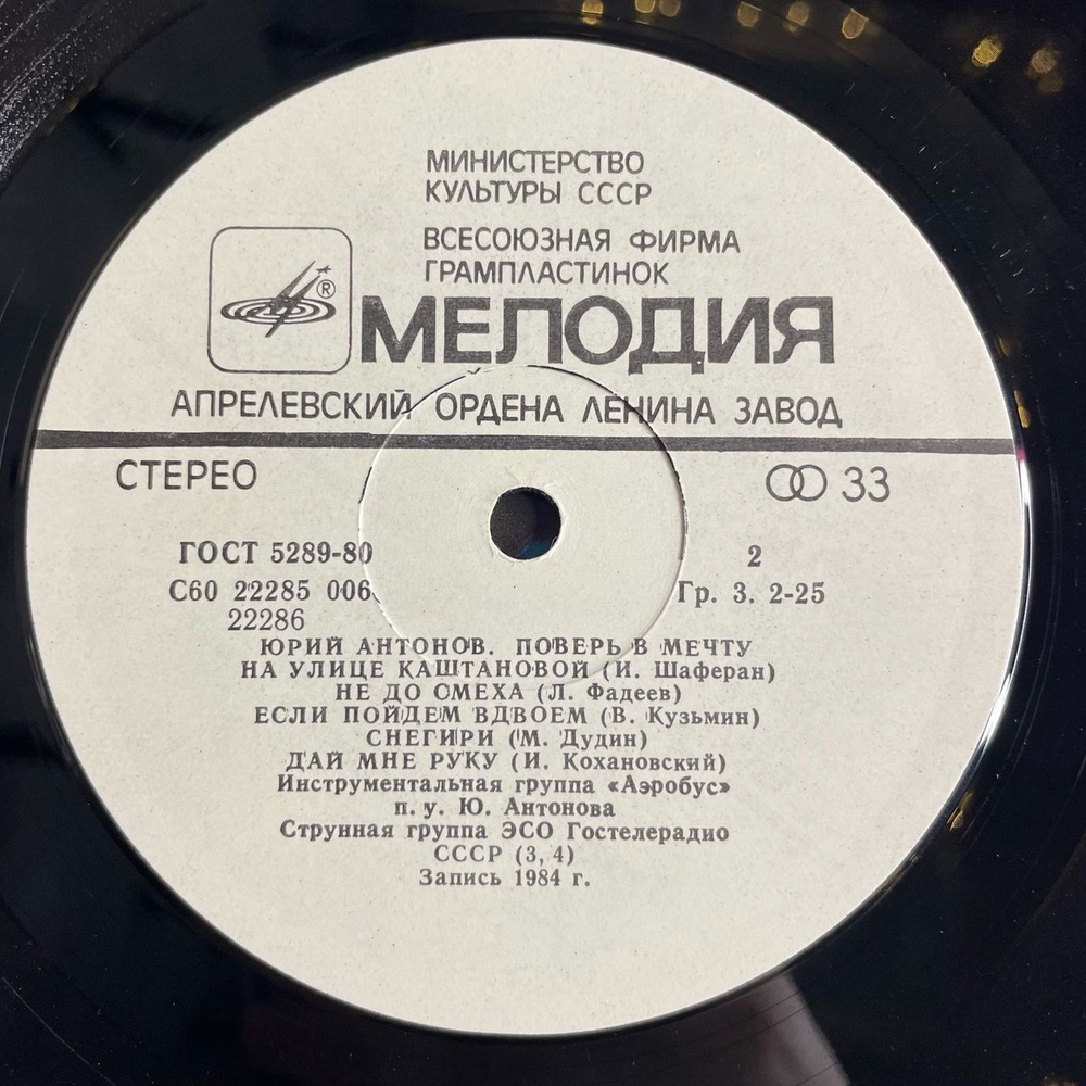 Винтажная виниловая пластинка LP Юрий Антонов Поверь В Мечту (СССР 1985) На Улице Каштановой