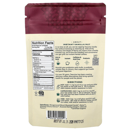 Teeccino, растворимый травяной кофе, ваниль и орех, средней обжарки, без кофеина, 100 г (3,53 унции)