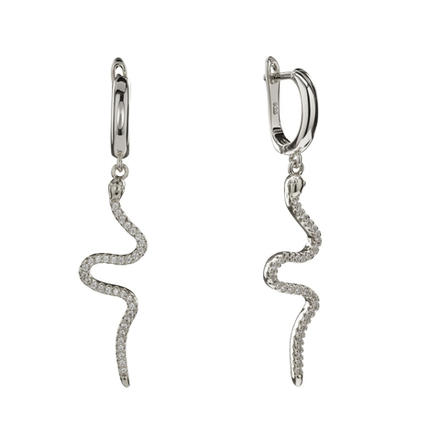 Серьги с Подвесками Змейка и Фианиты, silver